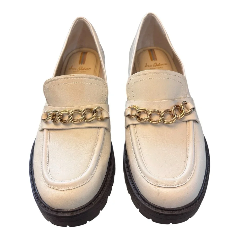 Sam Edelman Taelor Womens 9 M Cream Leather Gold Chain Lug‎ Sole Loafers Chunky